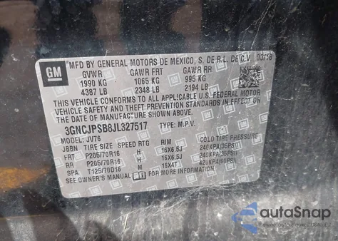 2018 Chevrolet Trax Lt from USA, damaged, VIN 3GNCJPSB8JL327517